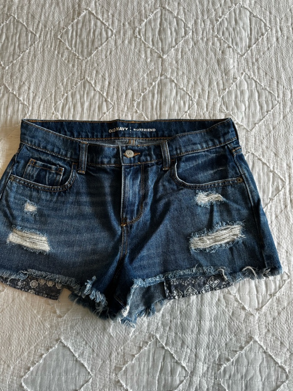 Old Navy Blue Distressed Boyfriend Denim Shorts with Bandana Trim